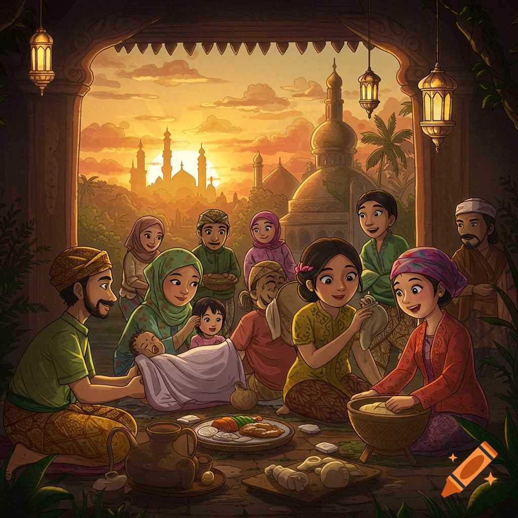 Painting of a family gathering with a baby and food, with mosques and sunset in the background.