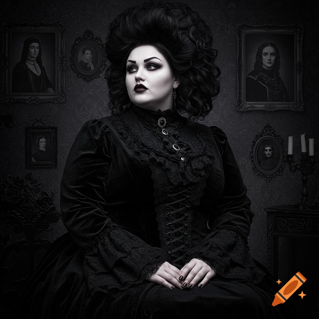 A portrait of a gothic woman in a black dress with elaborate hair.