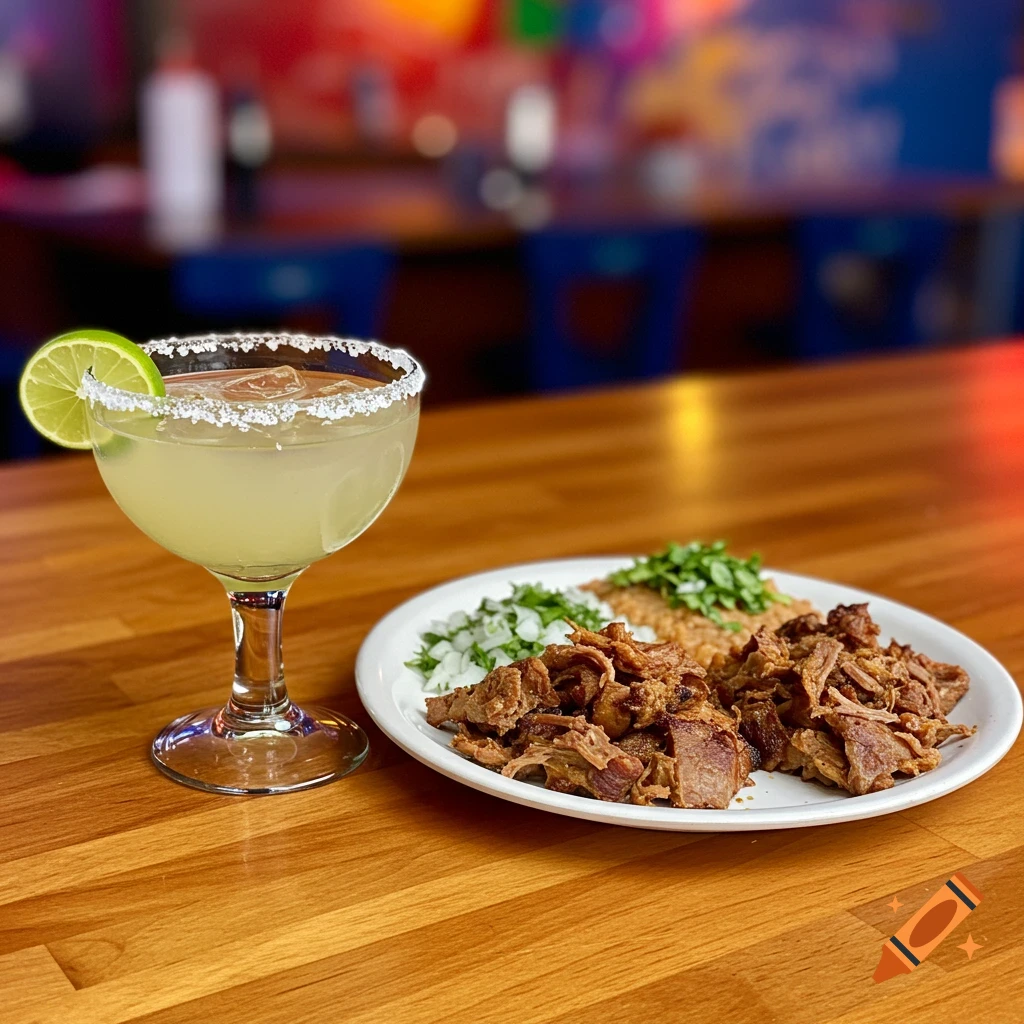 A margarita with salt rim and a lime wedge sits next to a plate of carnitas, rice, and onions on a wooden table.