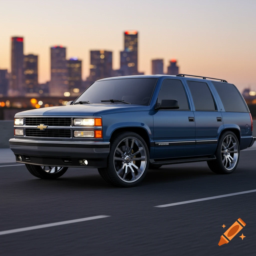A blue Chevrolet Tahoe SUV drives on a highway with a city skyline in the background at dusk.