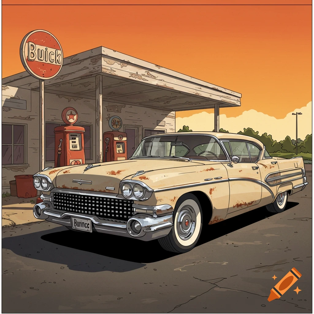 Cartoon of a rusty vintage ivory Buick parked at an old gas station.