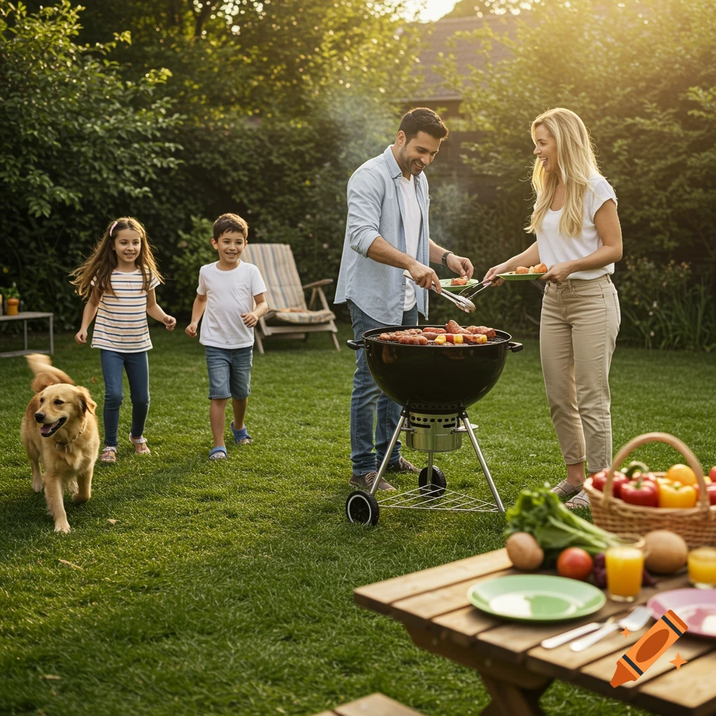 A family with two children and a dog enjoys a backyard barbecue on a sunny summer day.