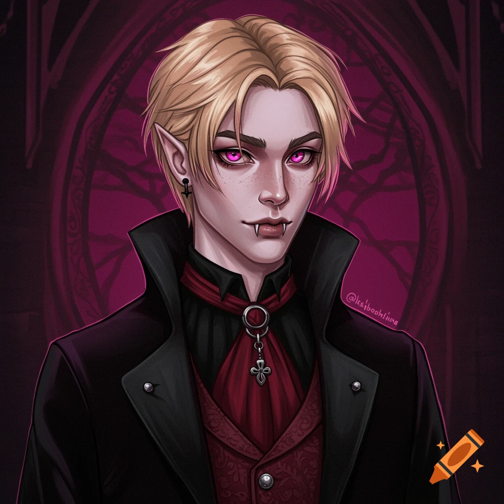 Illustration of a male vampire with blonde hair and pink eyes in gothic attire.