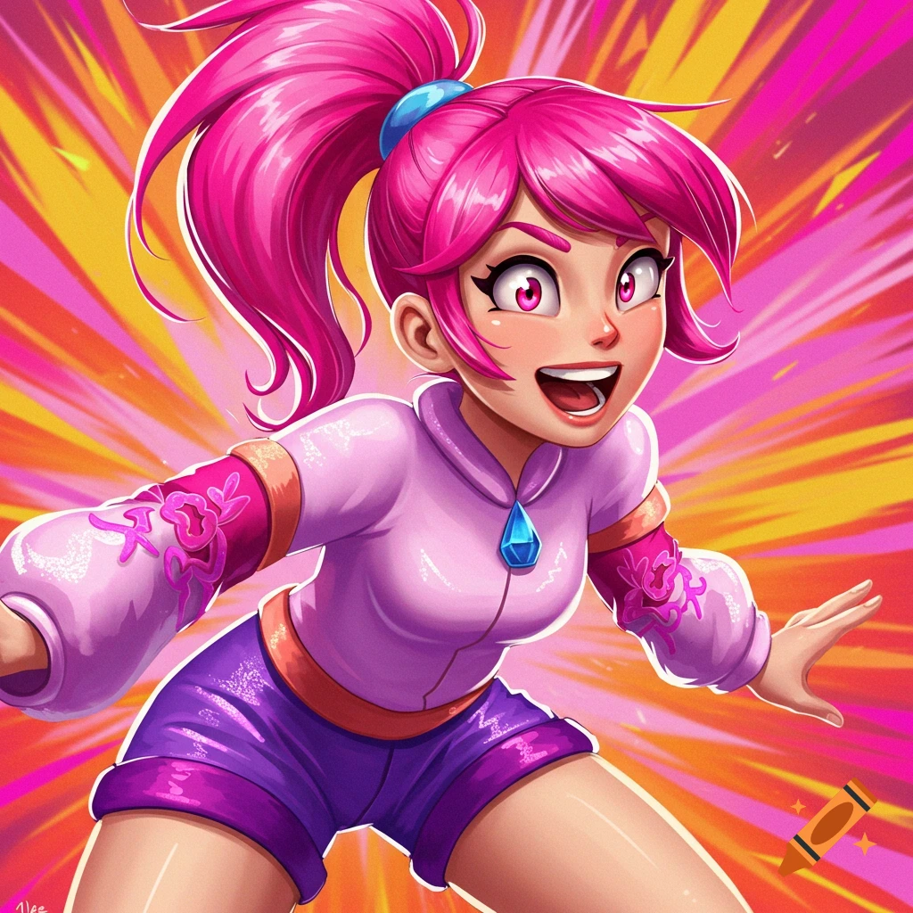 Anime girl with pink ponytail and purple shorts in an action pose with a vibrant background.