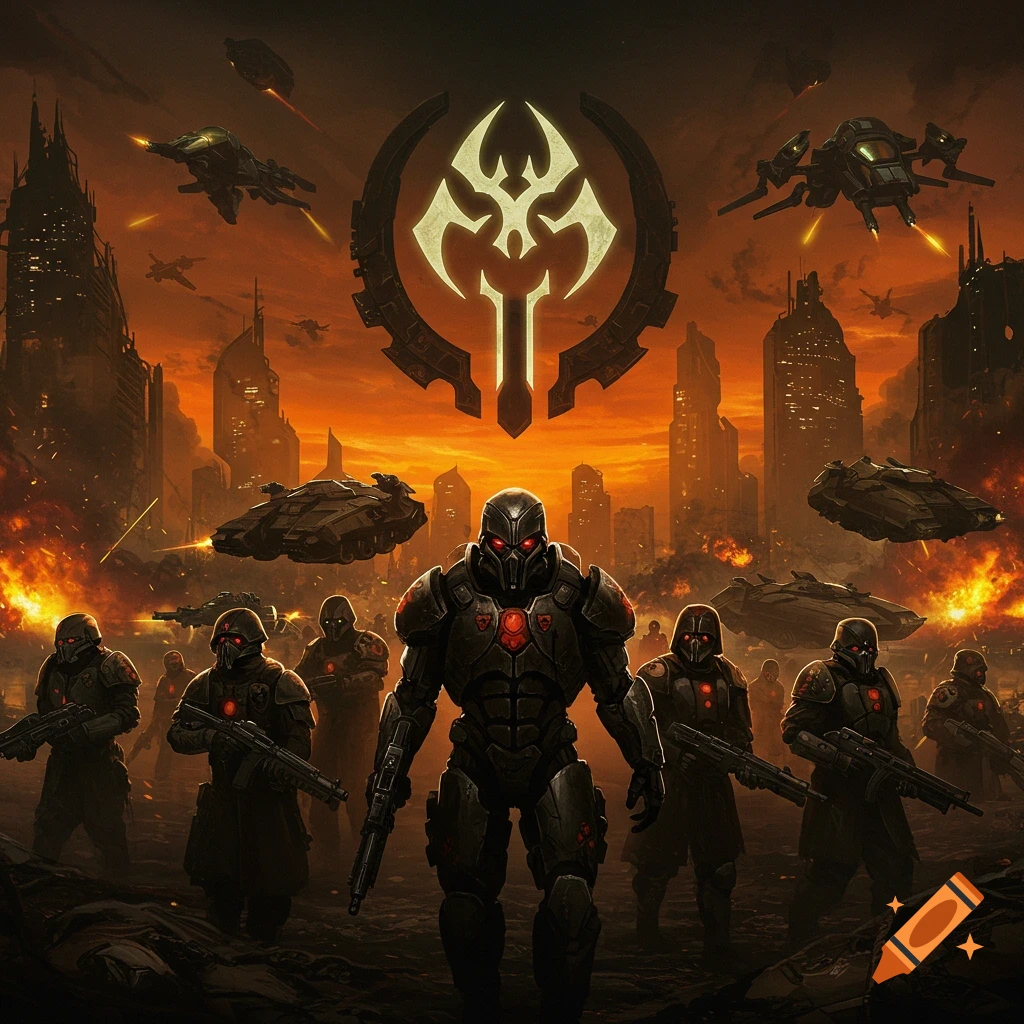 Futuristic soldiers stand before a burning city with futuristic vehicles and a large symbol.