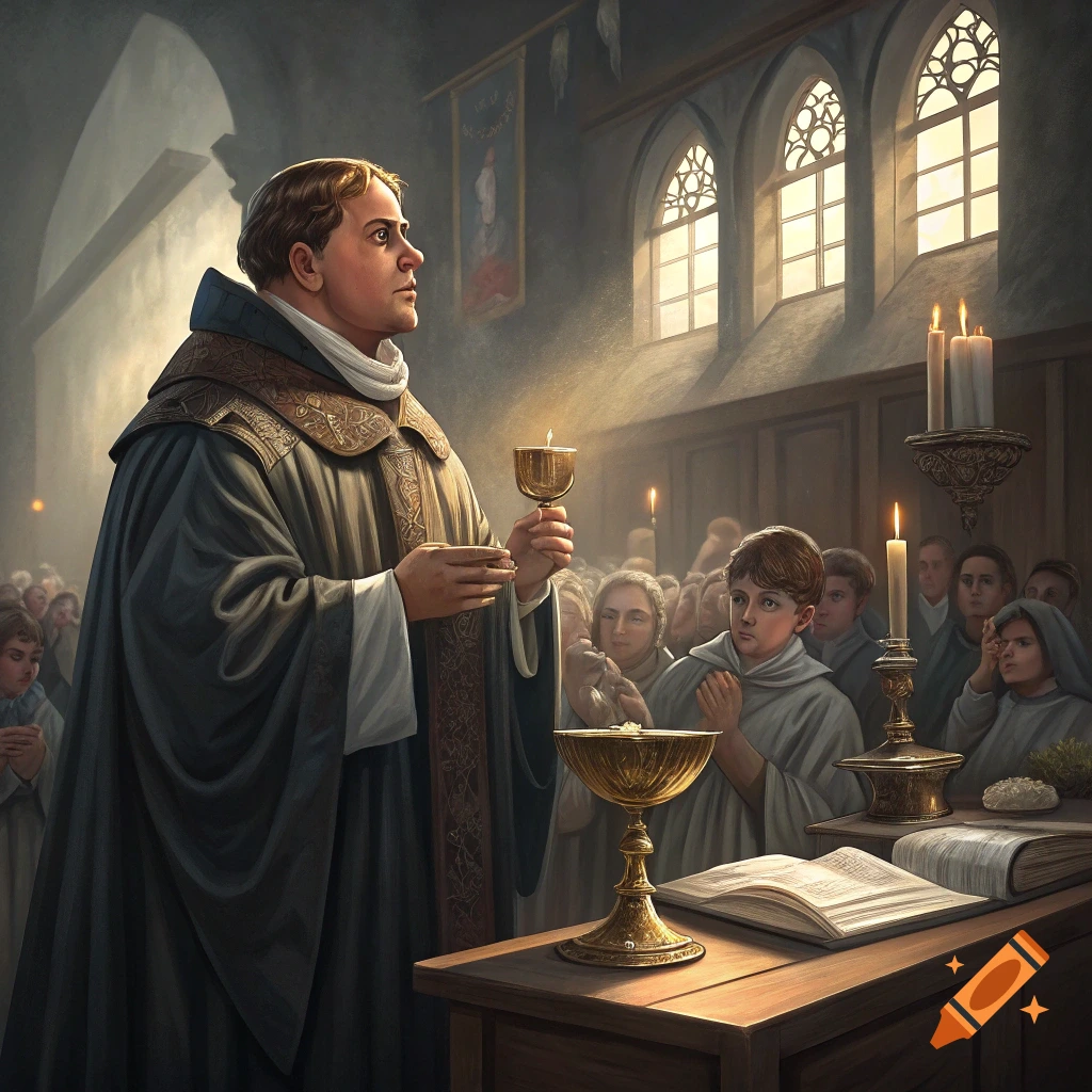 Painting of a priest holding a chalice during a religious ceremony in a church.