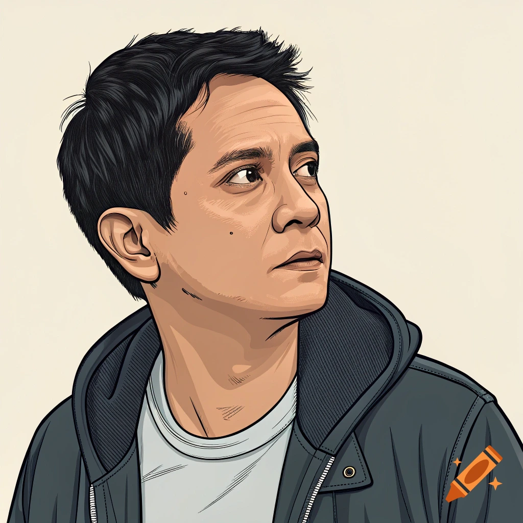 Stylized portrait of a man in a hooded jacket looking up and to the right.