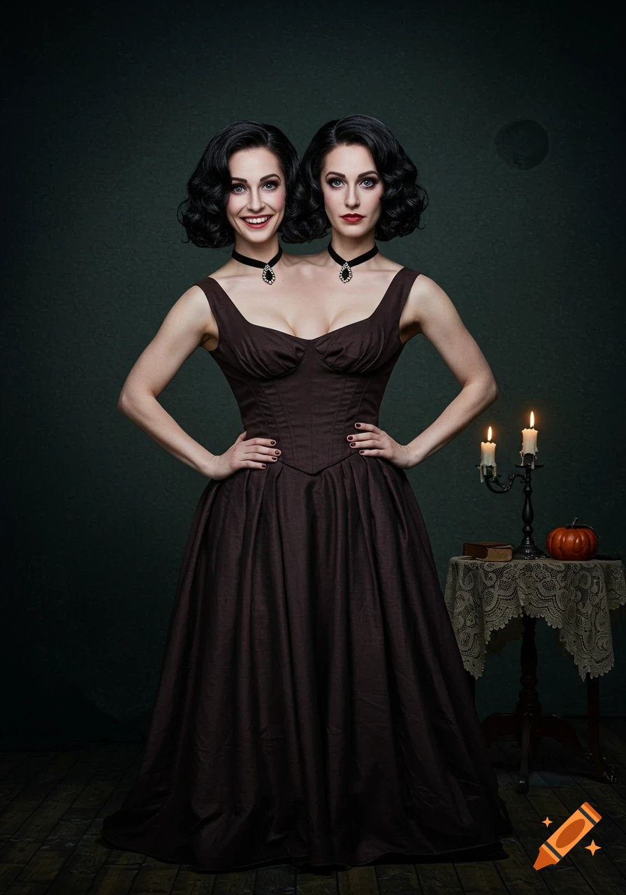 A two-headed woman in a dark dress poses in a room with candles and a pumpkin.