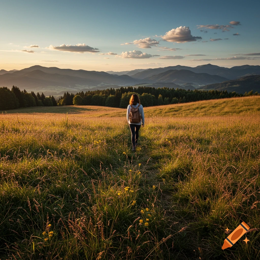 A person with a backpack walks through a grassy field towards mountains at sunset.