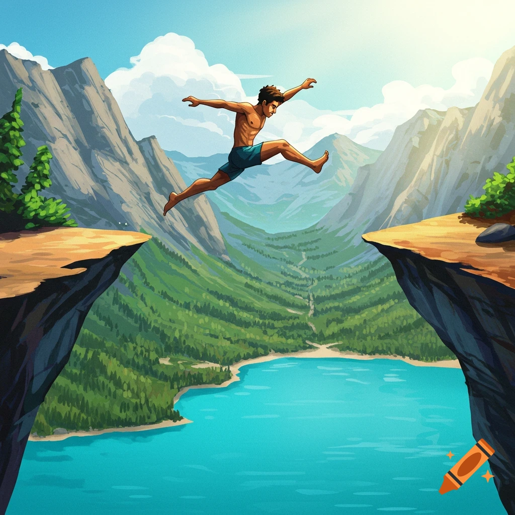 A person is captured mid-air, leaping over a cliff that provides a stunning view of a mountain lake.