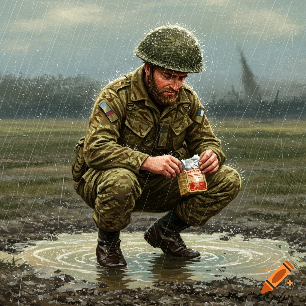 Painting of a British soldier crouching in a rain puddle eating rations.