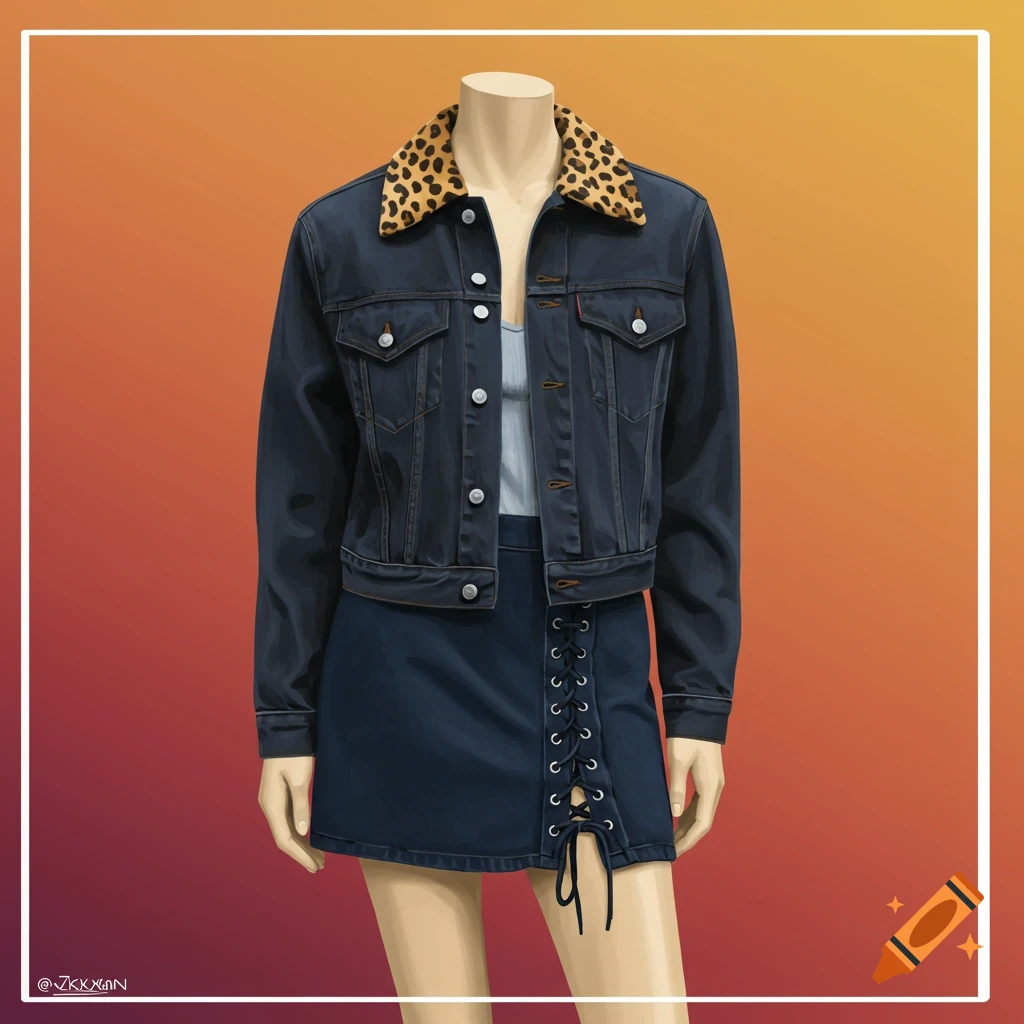 A mannequin is wearing a dark denim jacket with a leopard collar and a laced denim mini skirt against an orange background.