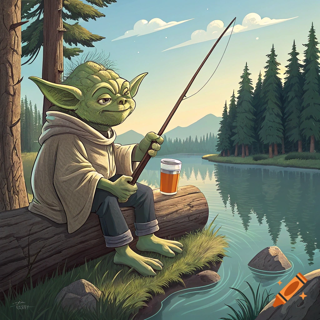 Cartoon illustration of Yoda fishing by a lake, sitting on a log with a beer