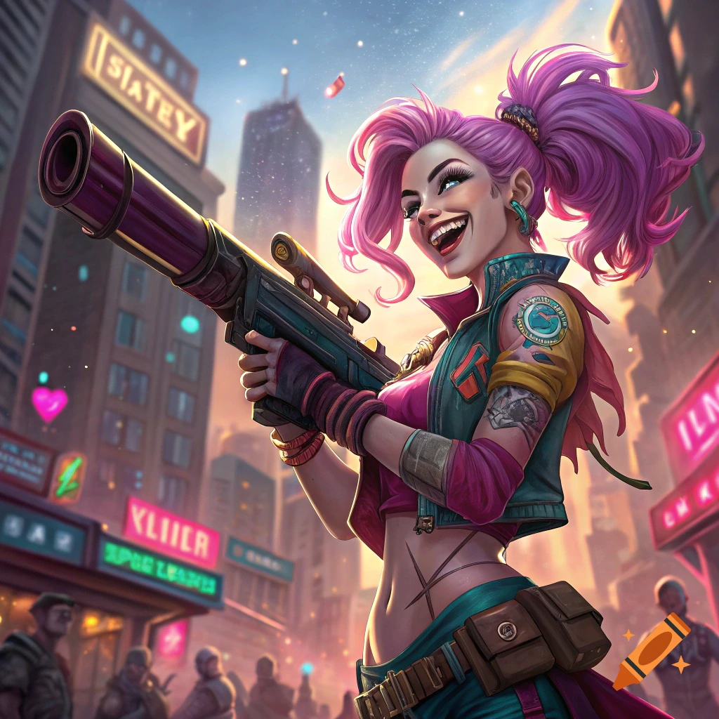 Pink-haired character holding a large weapon in a vibrant city street.