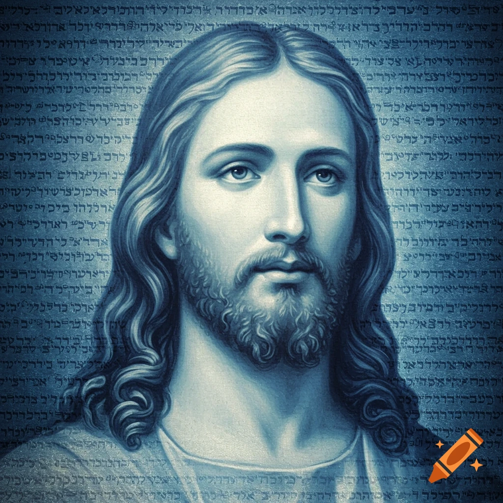 The face of Jesus is depicted over Hebrew text.