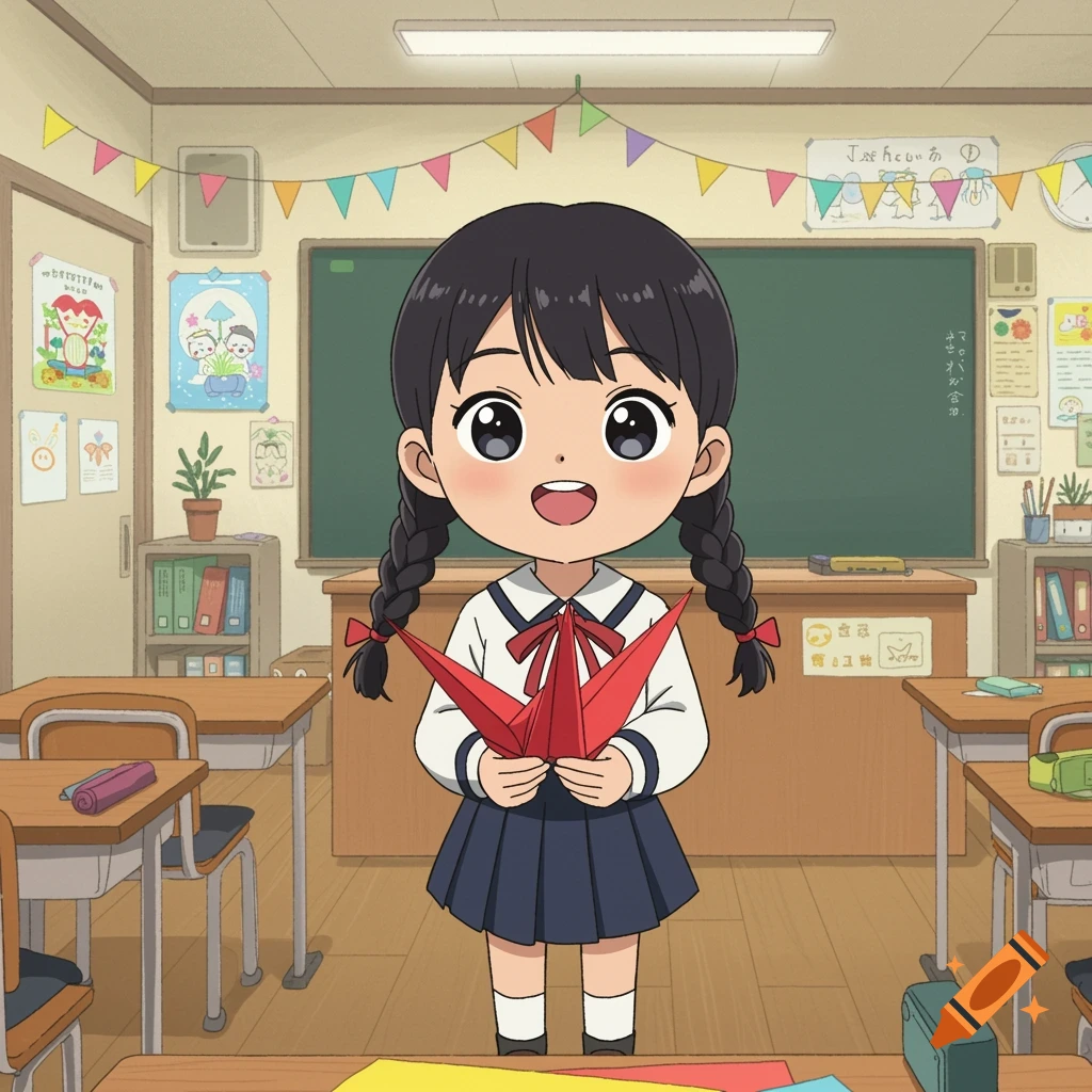 A cartoon anime style image of a young girl holding a red origami crane in a classroom.