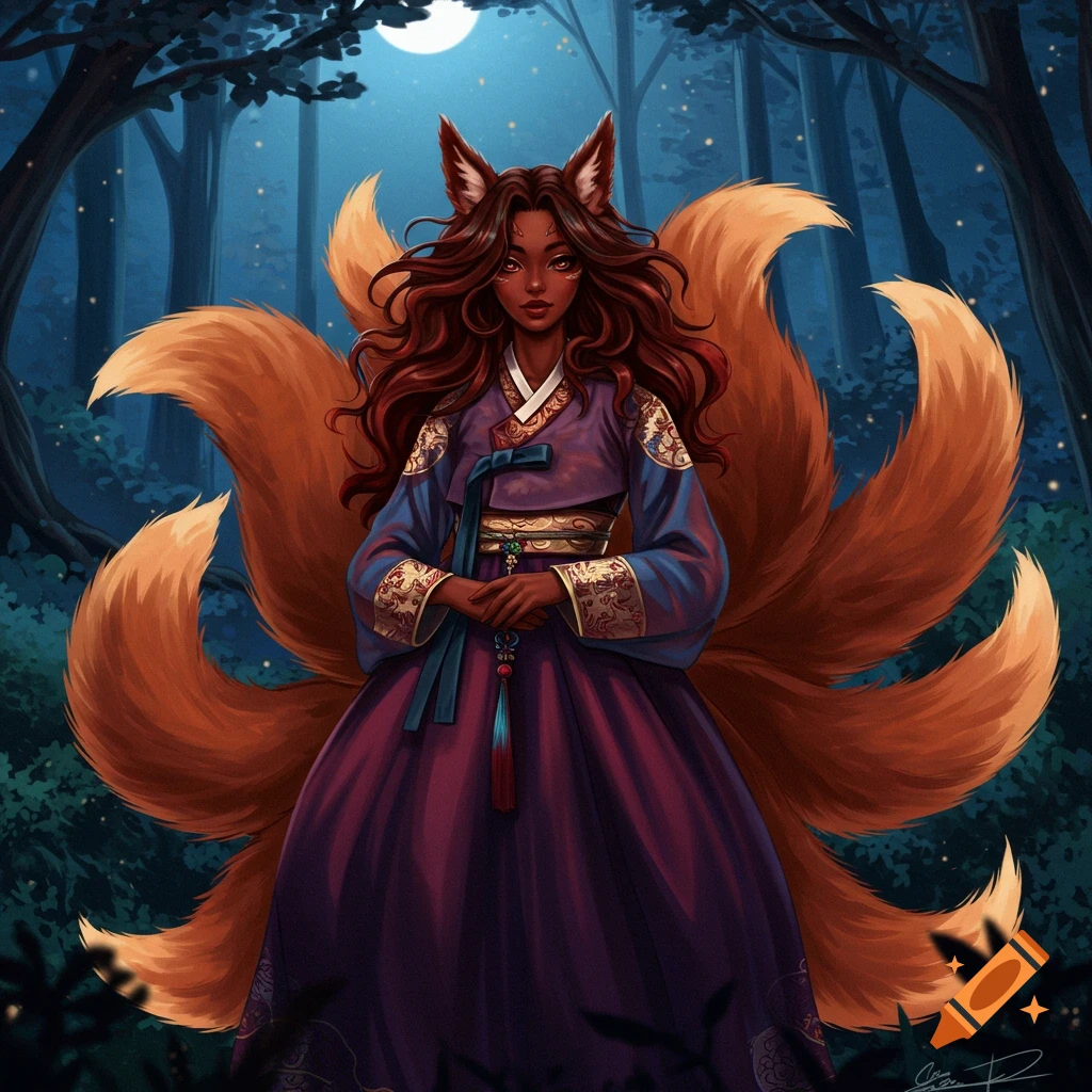 A brown-skinned gumiho in a hanbok stands in a forest under the moon.