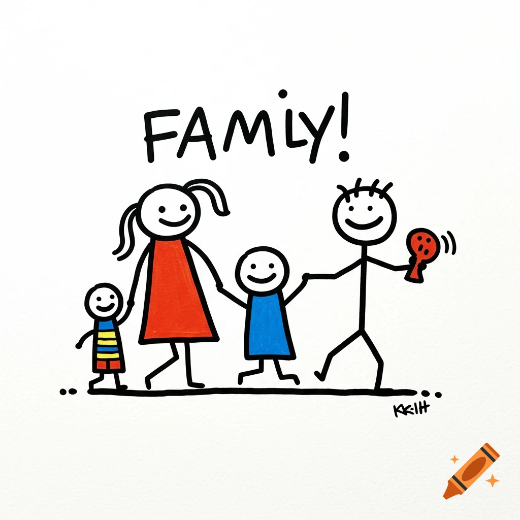 A simple stick figure drawing of a family with the word "FAMILY!" written above them.