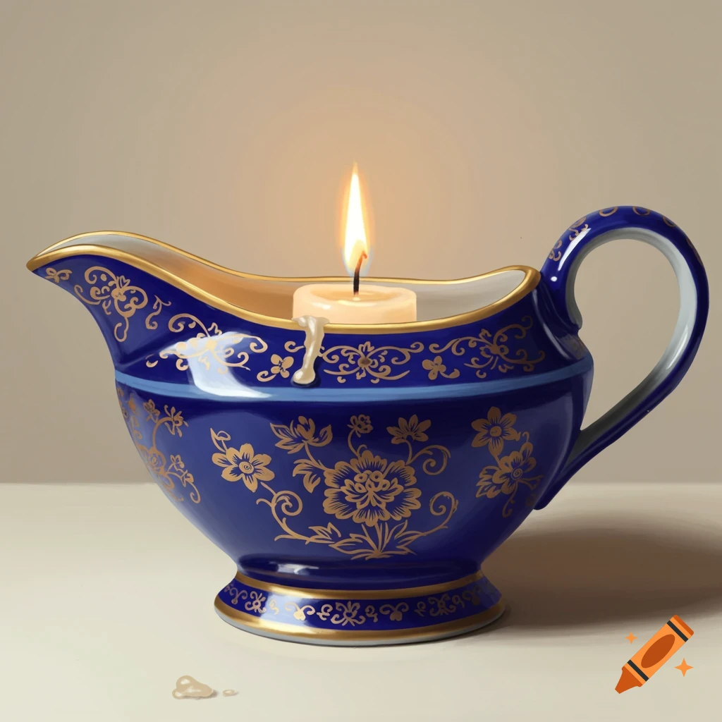 A blue and gold decorated gravy boat with a lit candle inside.