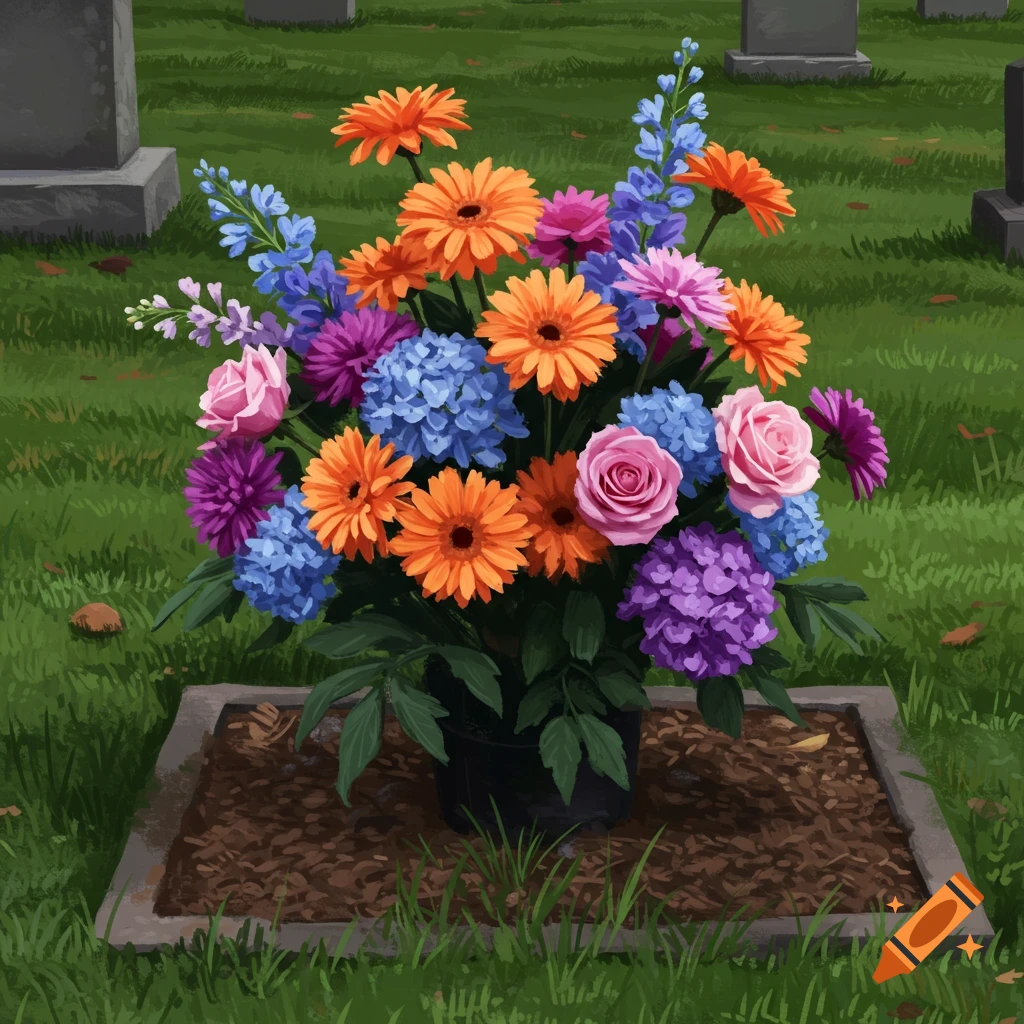 A vibrant floral arrangement with orange, blue, pink, and purple flowers on a grave in a cemetery.