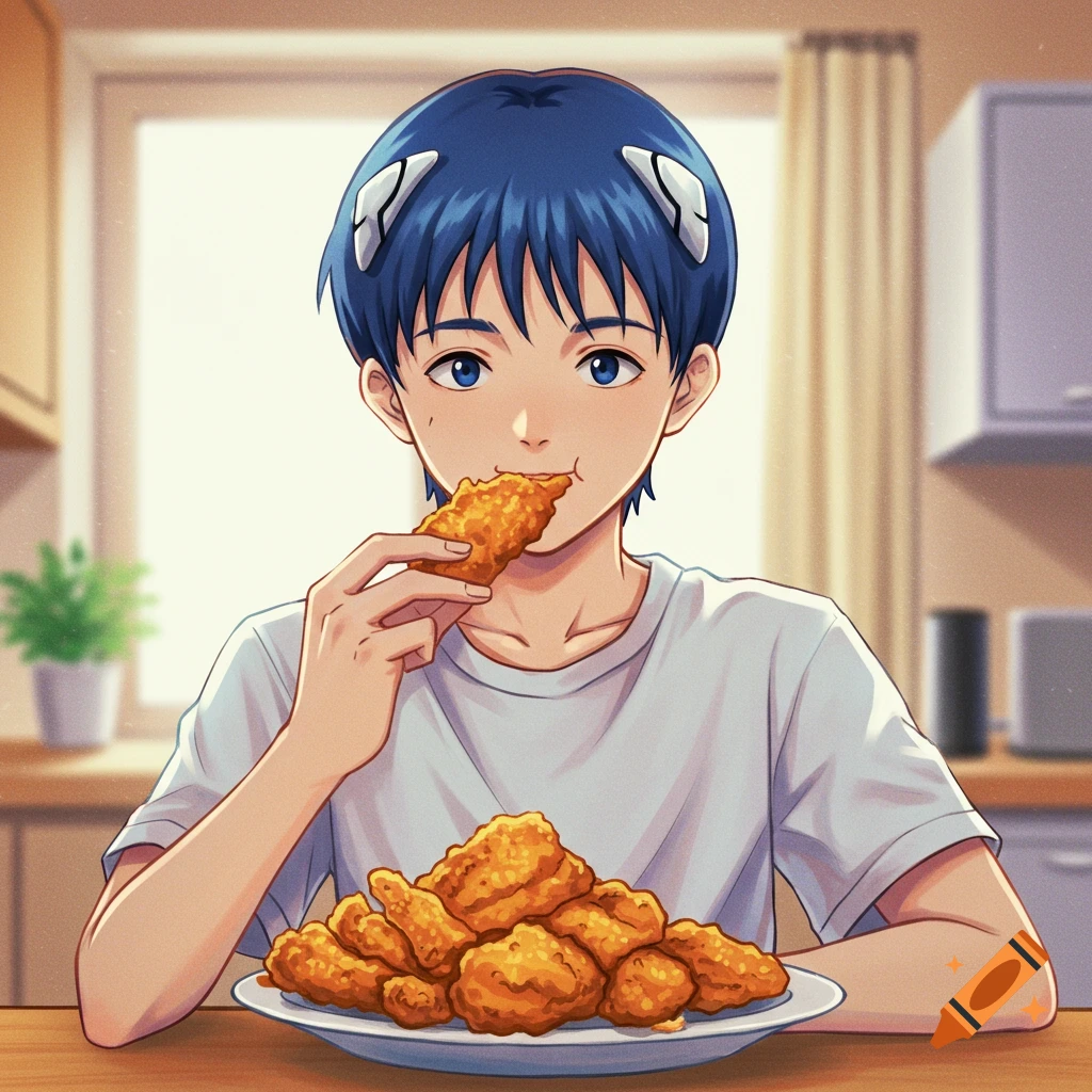 An anime boy eating fried chicken at a table.