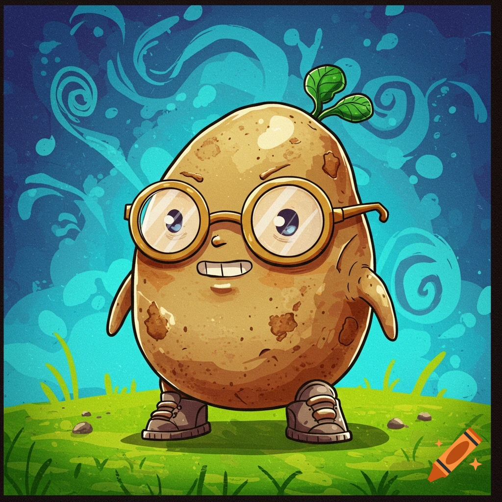 A cartoon potato character wearing glasses and shoes stands on grass with a blue background.