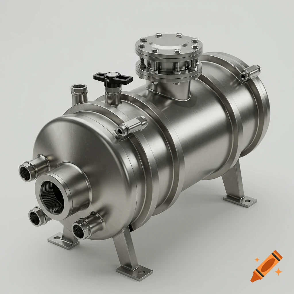 A horizontal stainless steel industrial cartridge filter housing with bolted cover and side inlets, on a white background.