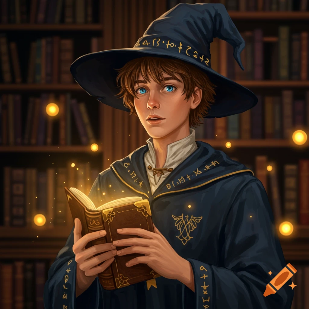 A young wizard with blue eyes holding a glowing book in a library.
