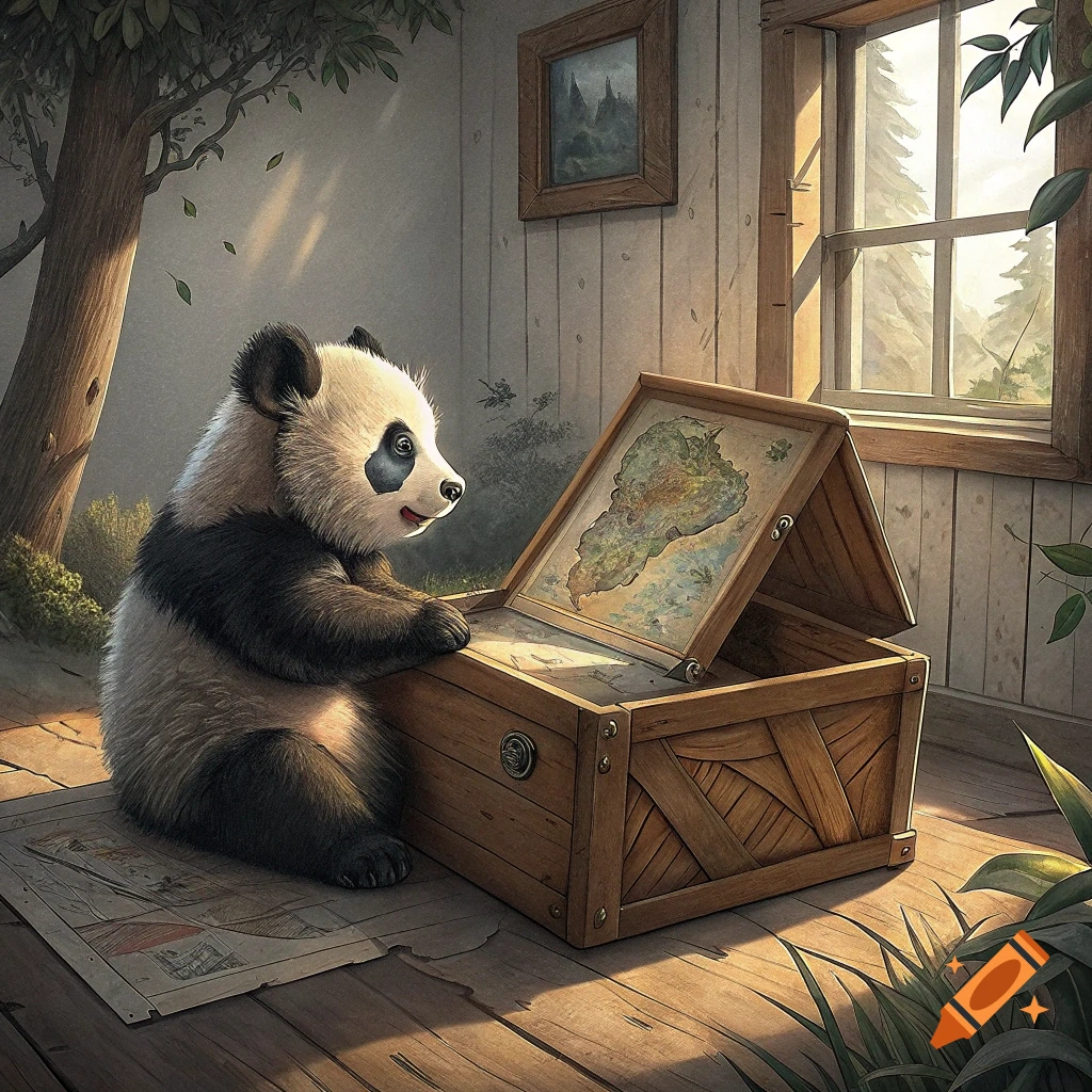 Cute panda cub looks at an old map in an open wooden chest in a room with a window.