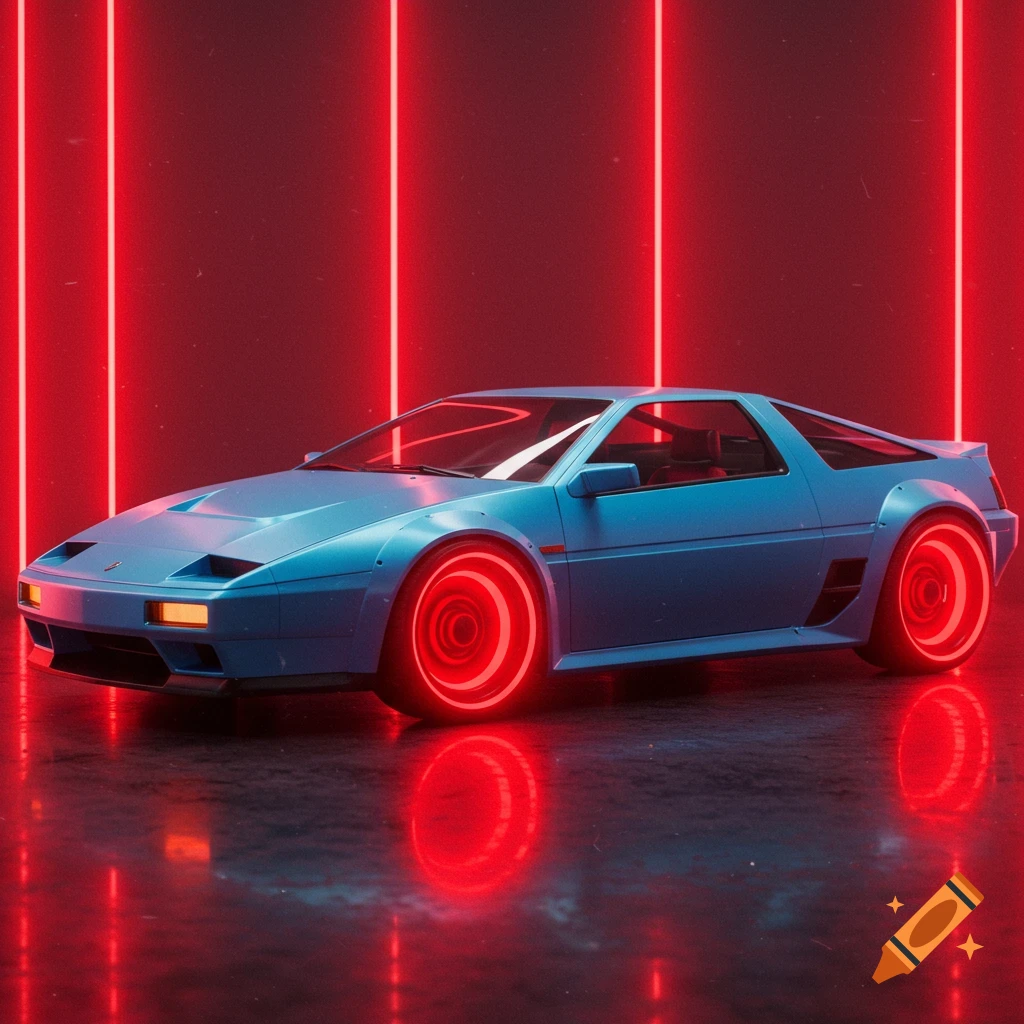A blue futuristic car with glowing red wheels against a red neon background.