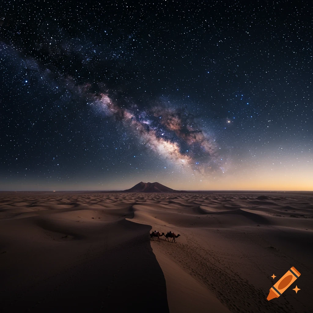 A camel caravan walks across desert dunes under a vast night sky filled with stars and the Milky Way.
