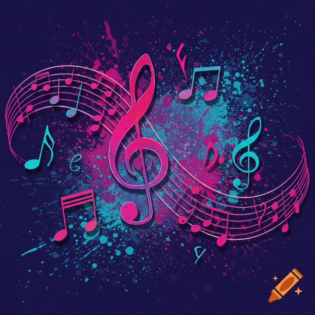Colorful music notes, staff lines, and a treble clef with paint splatters.