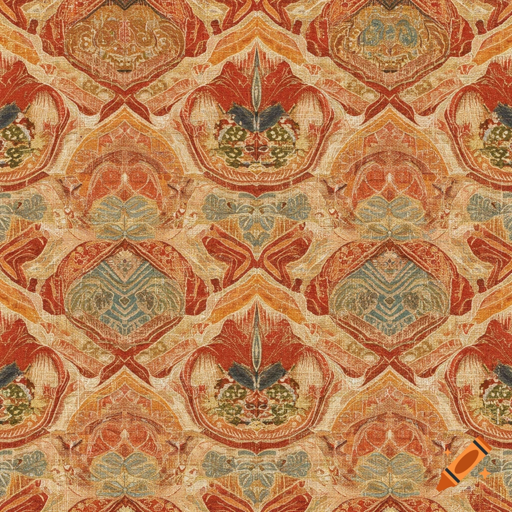 Seamless pattern of intricate orange and red traditional fabric texture with blue and green details.