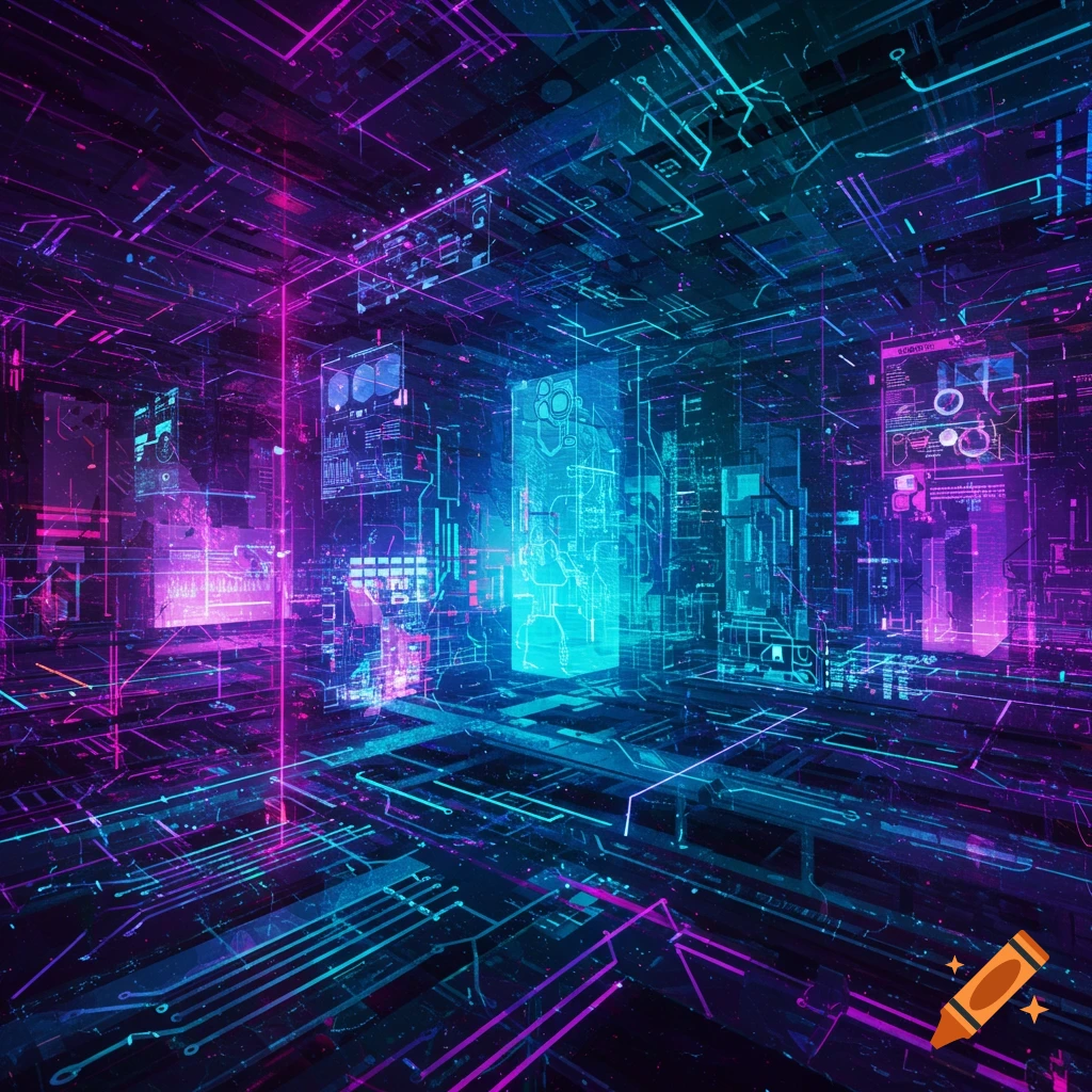 Glowing blue and purple circuits and structures in a dark, futuristic landscape.