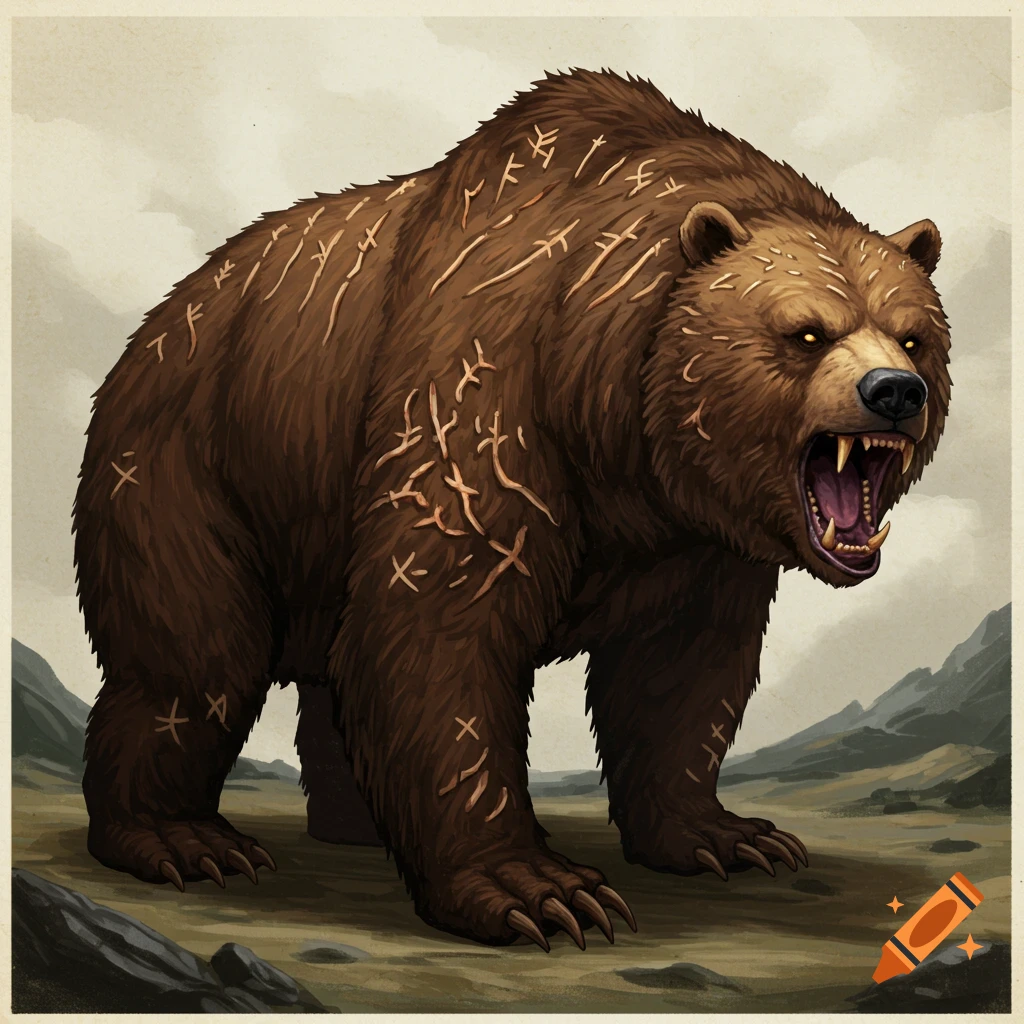 Fantasy illustration of a roaring bear with glowing eyes and rune-like scars.