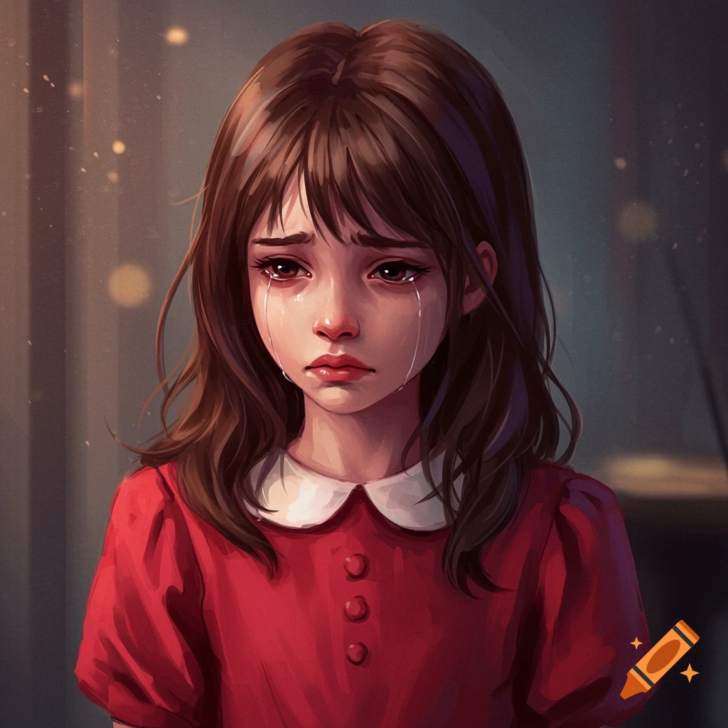 A young girl is crying while wearing a red dress.