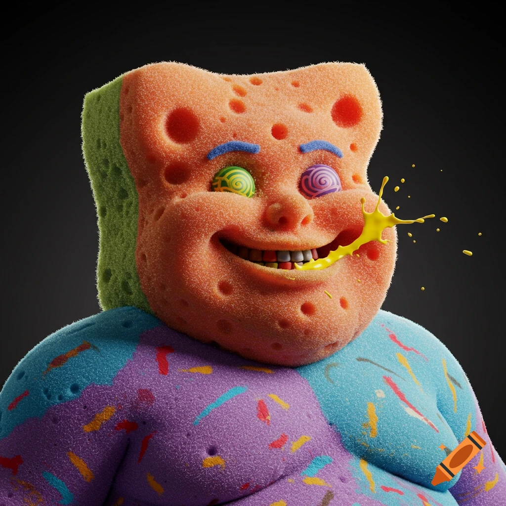 A 3D render of a grotesque figure resembling a porous sponge mixed with crayons, featuring distorted facial features and colorful scribbles on its body.