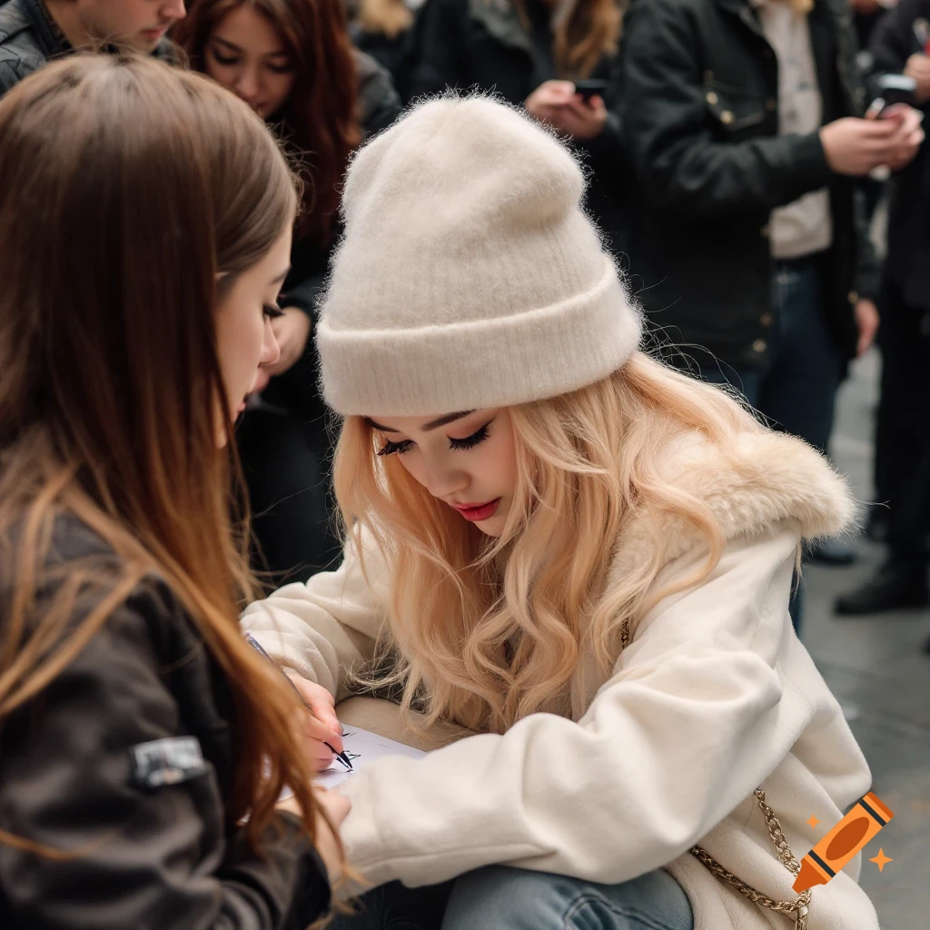 Young woman in white beanie signing autograph for a fan on the street.