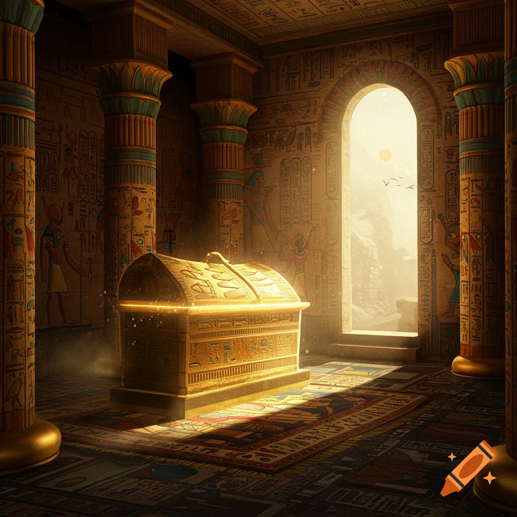A golden chest sits in an ancient Egyptian room with hieroglyph-covered walls and pillars, lit by sunlight through an archway.