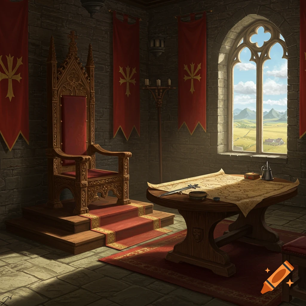 A medieval throne room with a large wooden throne, a table with a map, and a window overlooking a landscape.