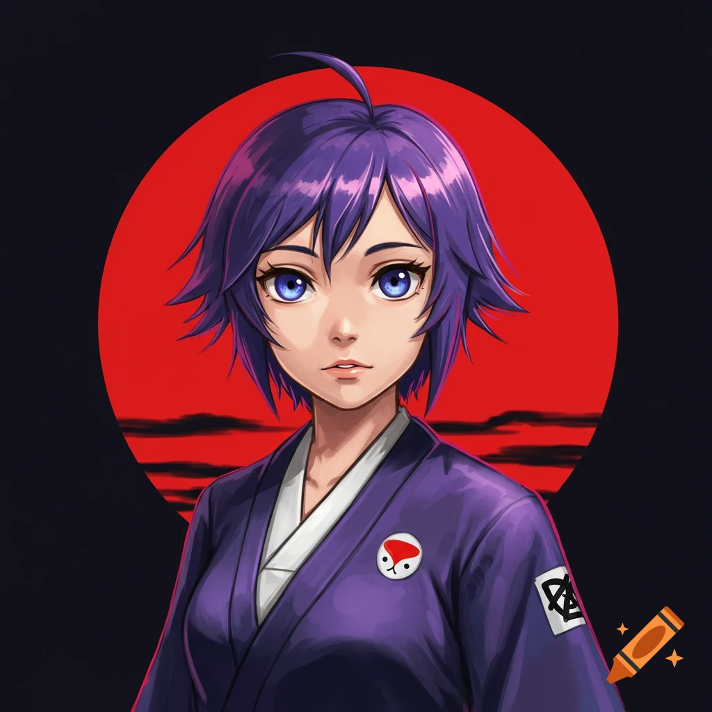 Anime portrait of a character with purple hair wearing a purple gi against a red circle background.