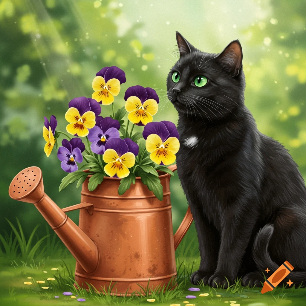A black cat sits next to a watering can filled with yellow and purple pansies in a sunny garden.