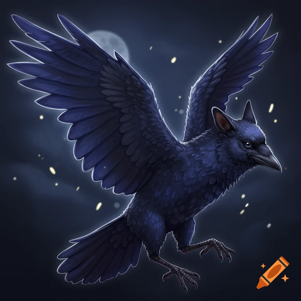 A blue dog-crow hybrid is depicted flying at night under a full moon, with glowing lights surrounding it.