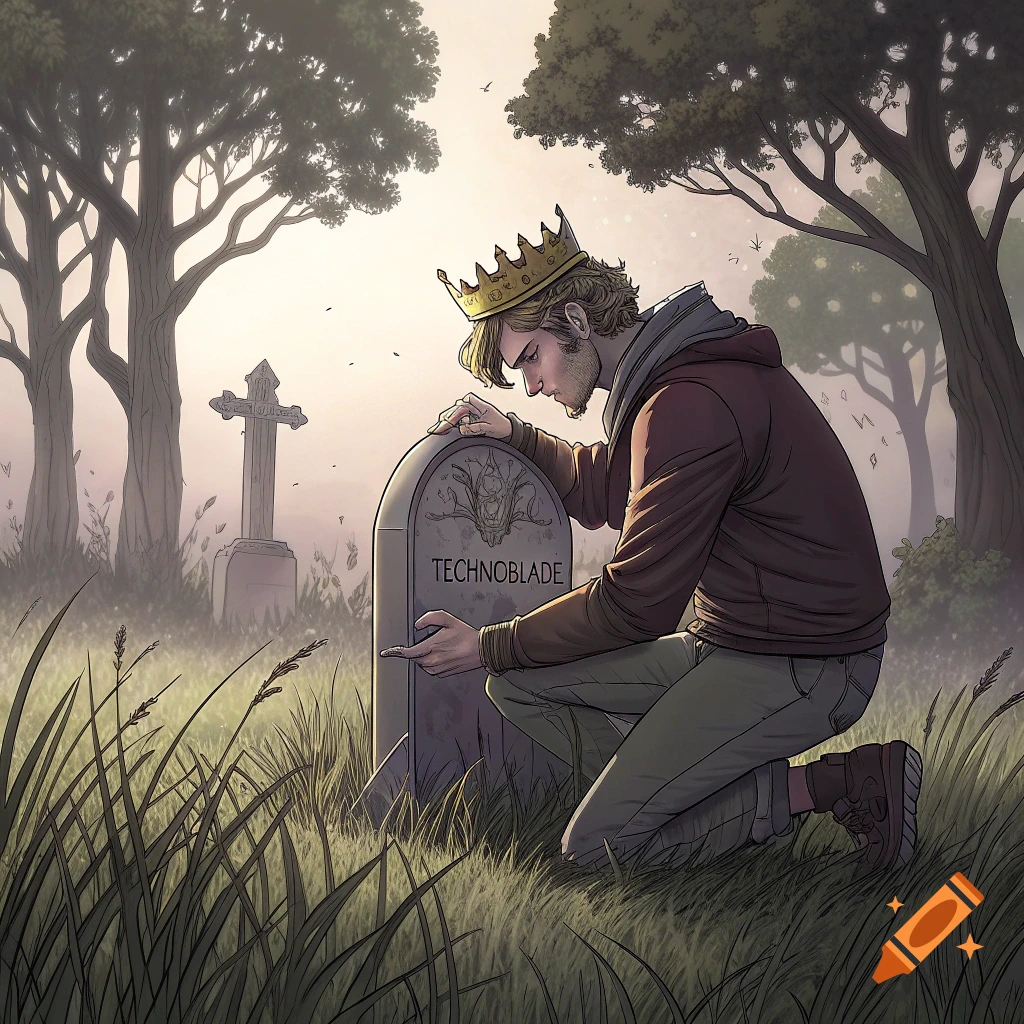Illustration of a crowned man kneeling at a tombstone reading 'TECHNOBLADE' in a cemetery.