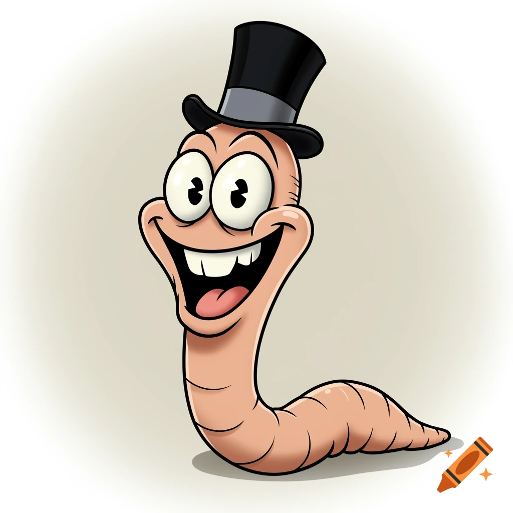 A cheerful cartoon worm wearing a black top hat.