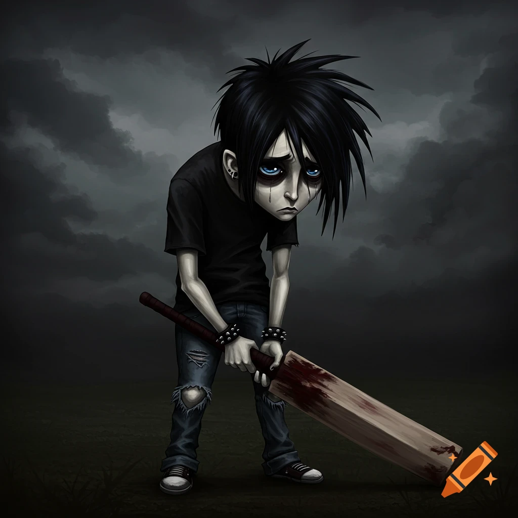 A sad emo boy holding a blood-stained cricket bat in a dark landscape.