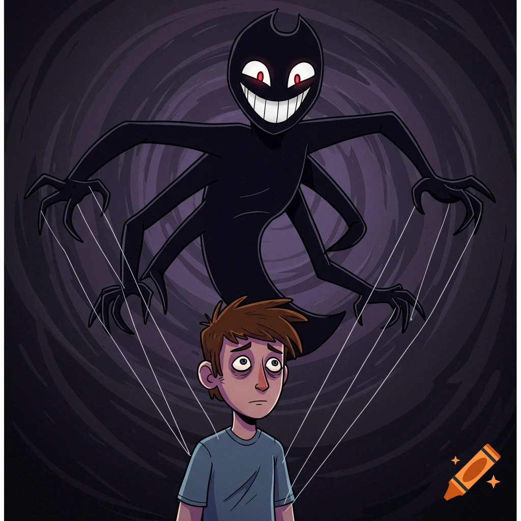Cartoon illustration of a shadowy, multi-armed figure manipulating a worried person with puppet strings against a dark, swirling background.