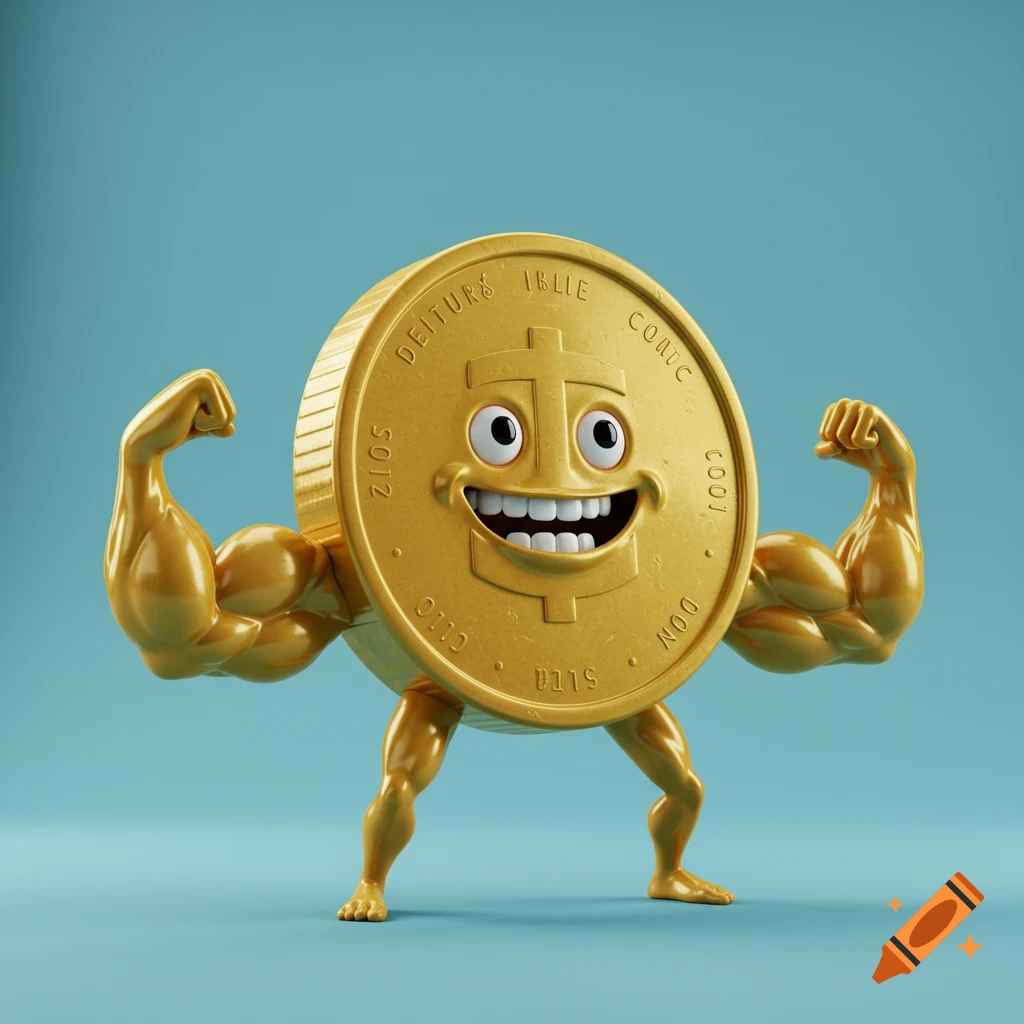 A smiling gold coin with muscular arms and legs stands against a blue background.