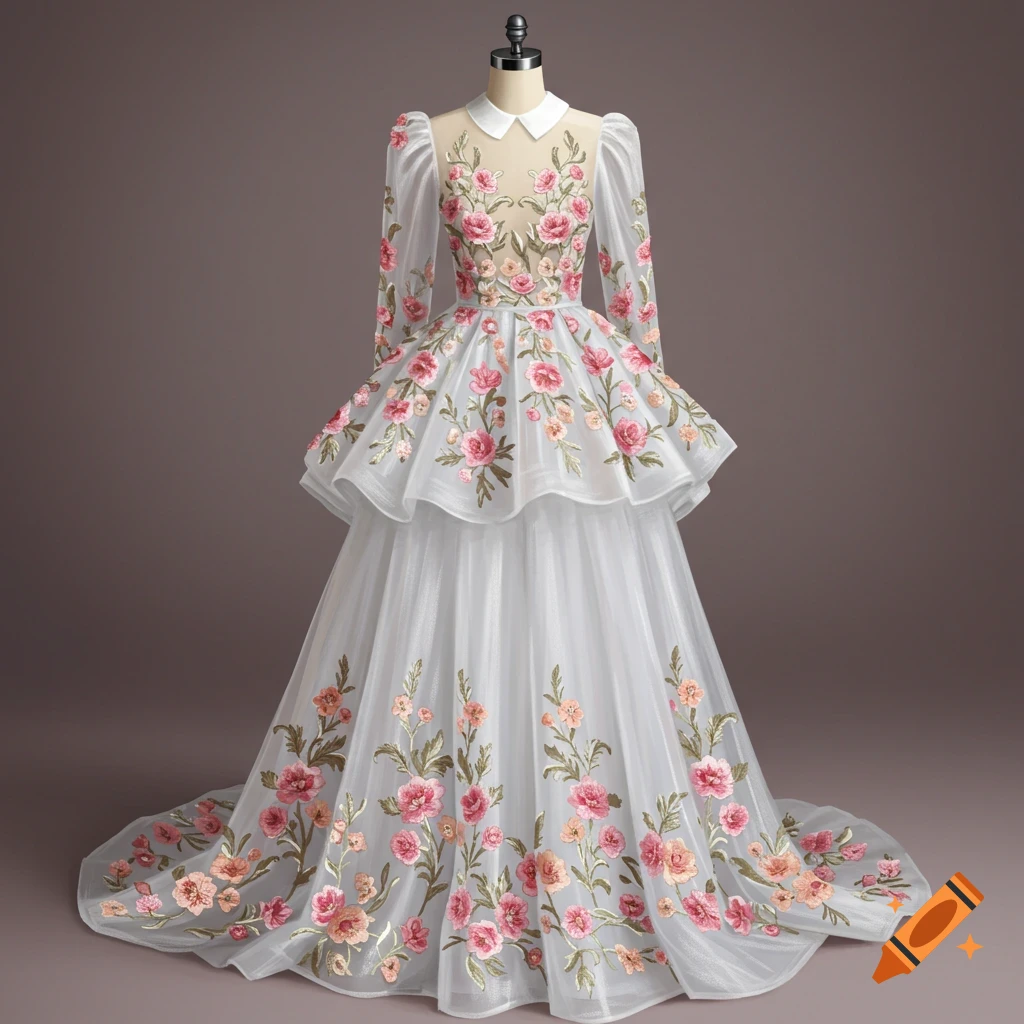 White tulle gown with tiered skirt, floral embroidery, long puff sleeves, and a white collar on a mannequin.