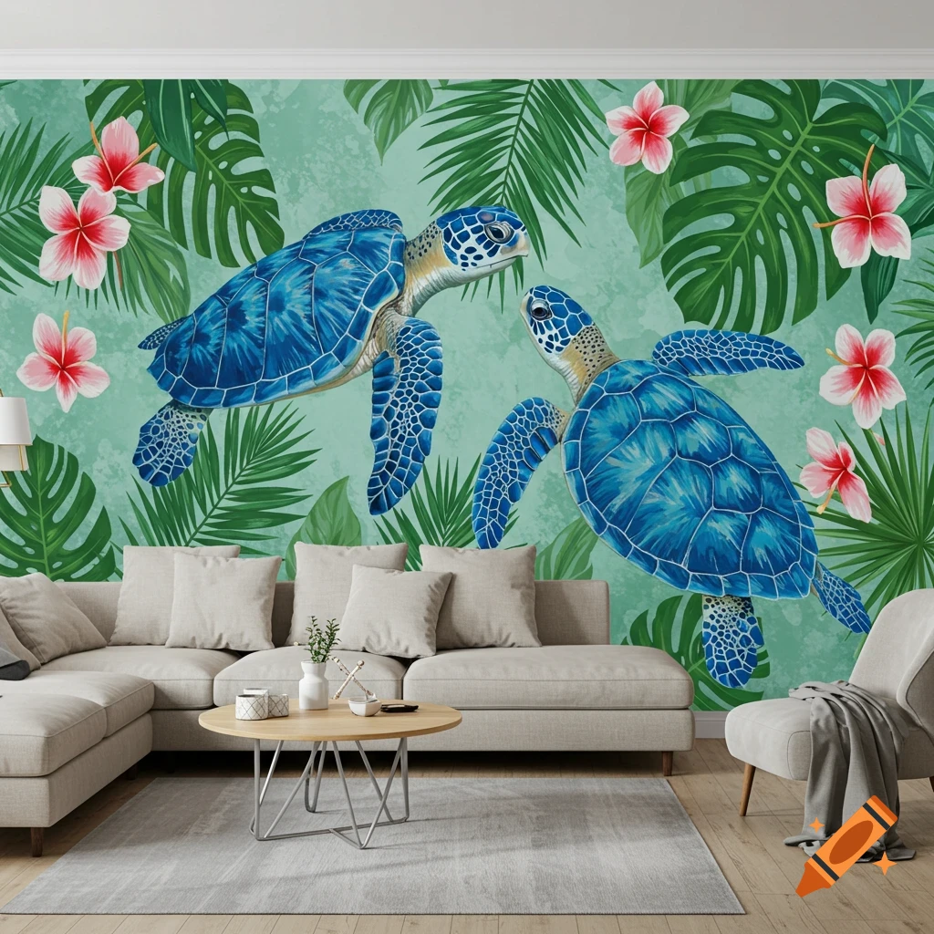 Two blue sea turtles on a green tropical leaf and flower background mural in a living room.